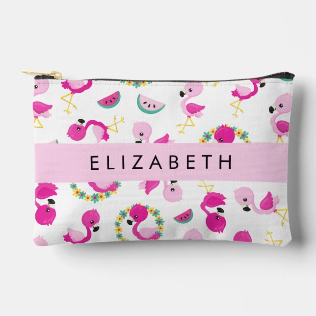 Tropical Pattern, Flamingos, Flowers, Your Name Accessory Pouch (Front)