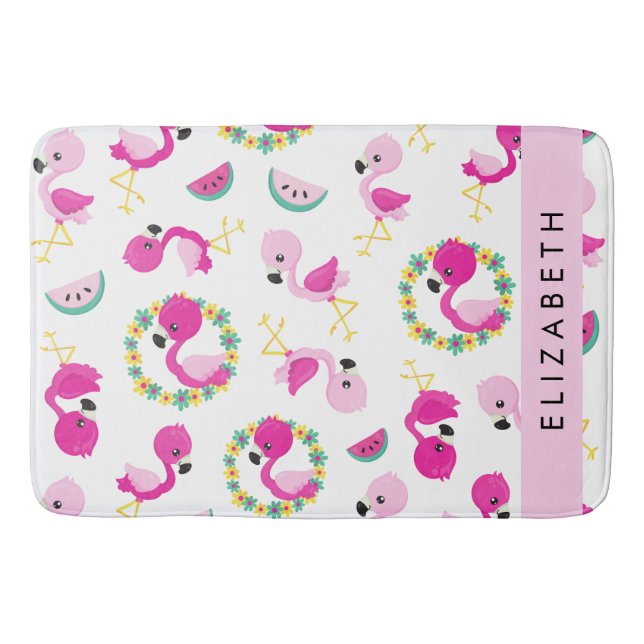 Tropical Pattern, Flamingos, Flowers, Your Name Bath Mat (Front)