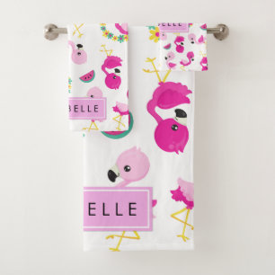 Tropical Pattern, Flamingos, Flowers, Your Name Bath Towel Set