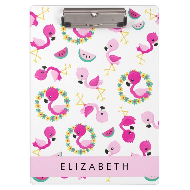 Tropical Pattern, Flamingos, Flowers, Your Name Clipboard (Front)