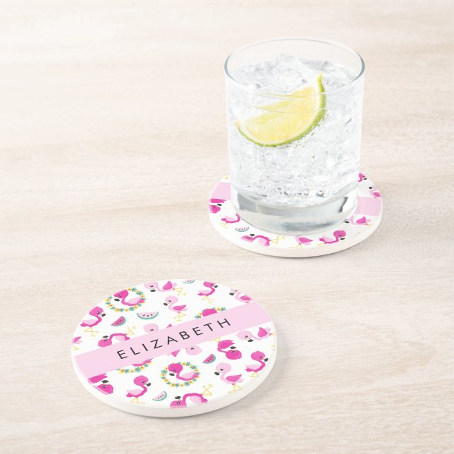 Tropical Pattern, Flamingos, Flowers, Your Name Coaster (Side)