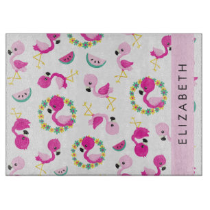 Tropical Pattern, Flamingos, Flowers, Your Name Cutting Board
