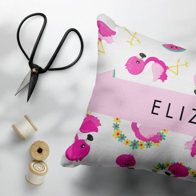 Tropical Pattern, Flamingos, Flowers, Your Name Decorative Cushion (Creator Uploaded)