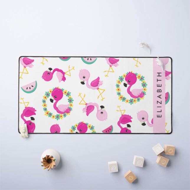 Tropical Pattern, Flamingos, Flowers, Your Name Desk Mat (Kids Table)