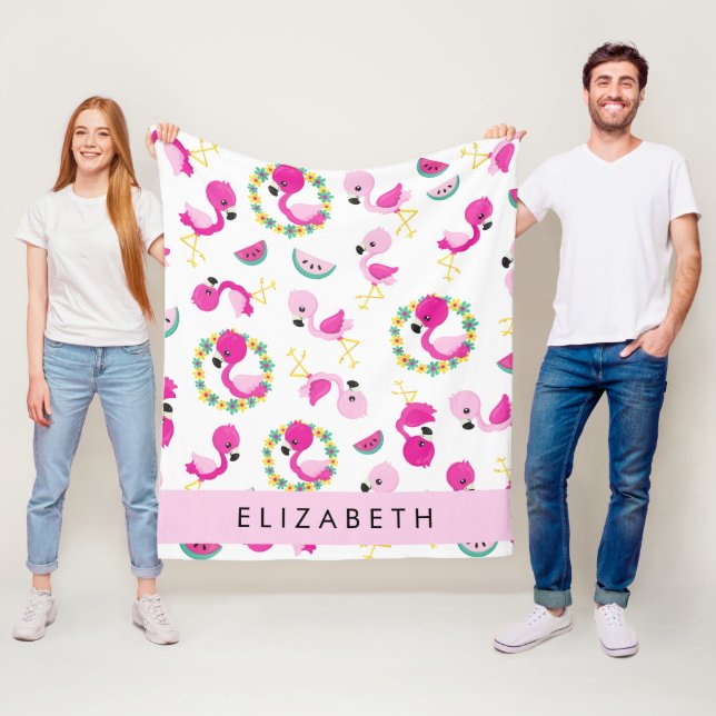 Tropical Pattern, Flamingos, Flowers, Your Name Fleece Blanket (In Situ)