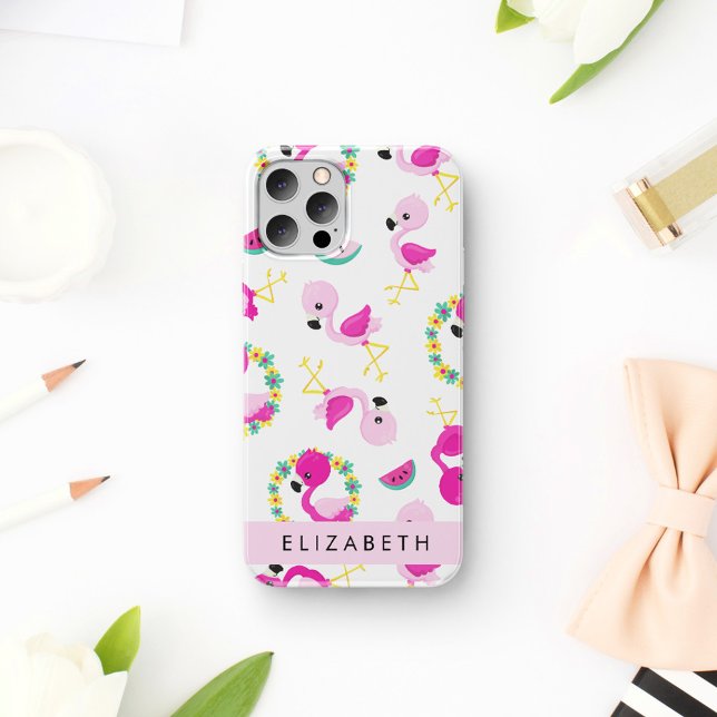 Tropical Pattern, Flamingos, Flowers, Your Name iPhone 16 Case (Creator Uploaded)