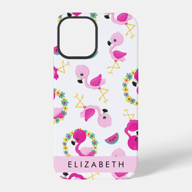 Tropical Pattern, Flamingos, Flowers, Your Name iPhone Case (Back)