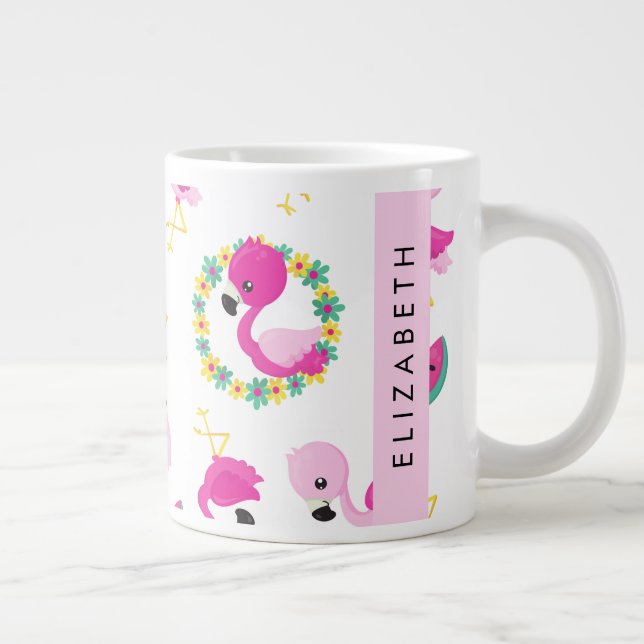 Tropical Pattern, Flamingos, Flowers, Your Name Large Coffee Mug (Right)