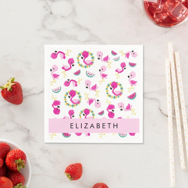 Tropical Pattern, Flamingos, Flowers, Your Name Napkin (Insitu)