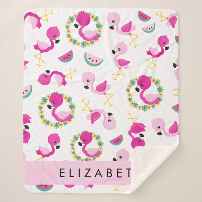 Tropical Pattern, Flamingos, Flowers, Your Name Sherpa Blanket (Front)