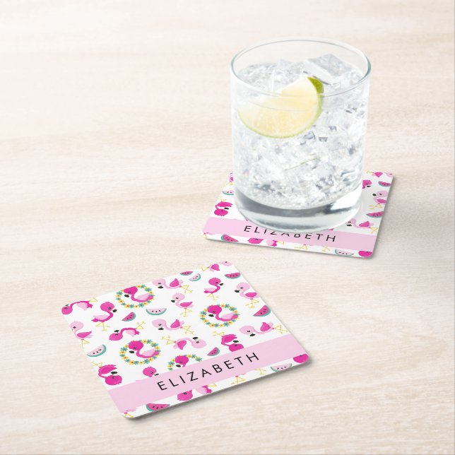 Tropical Pattern, Flamingos, Flowers, Your Name Square Paper Coaster (Insitu)