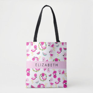 Tropical Pattern, Flamingos, Flowers, Your Name Tote Bag