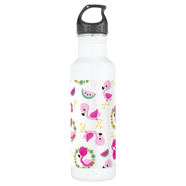 Tropical Pattern, Flamingos, Watermelons, Flowers 710 Ml Water Bottle (Front)