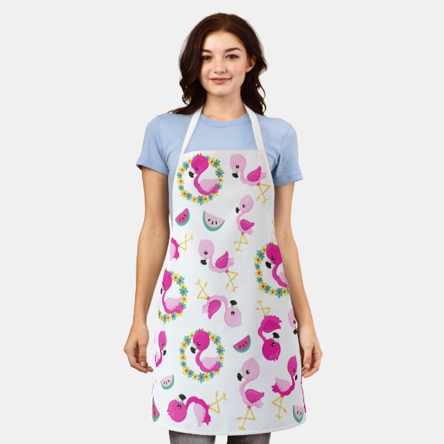 Tropical Pattern, Flamingos, Watermelons, Flowers Apron (Worn)