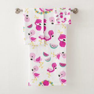 Tropical Pattern, Flamingos, Watermelons, Flowers Bath Towel Set