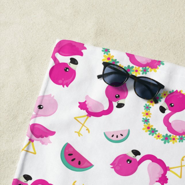 Tropical Pattern, Flamingos, Watermelons, Flowers Beach Towel (In Situ)