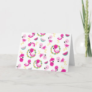 Tropical Pattern, Flamingos, Watermelons, Flowers Card