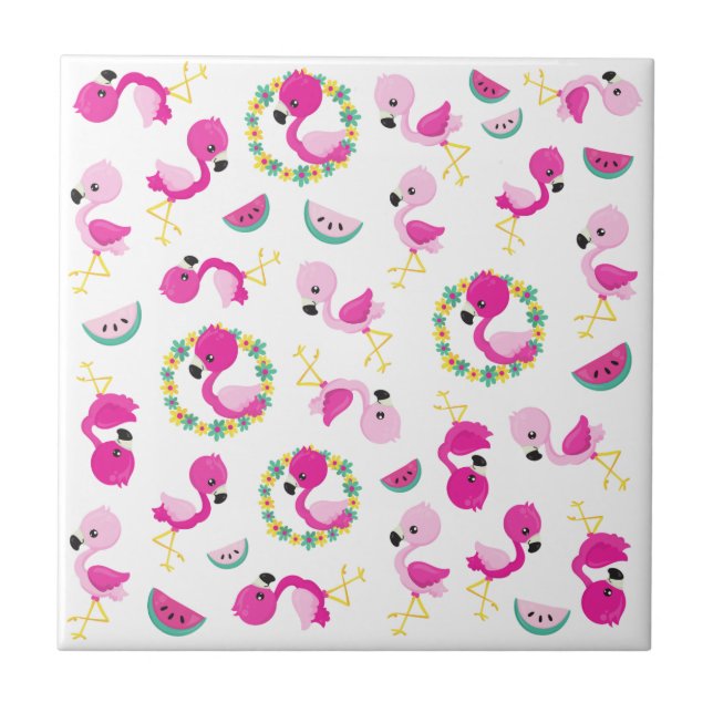 Tropical Pattern, Flamingos, Watermelons, Flowers Ceramic Tile (Front)