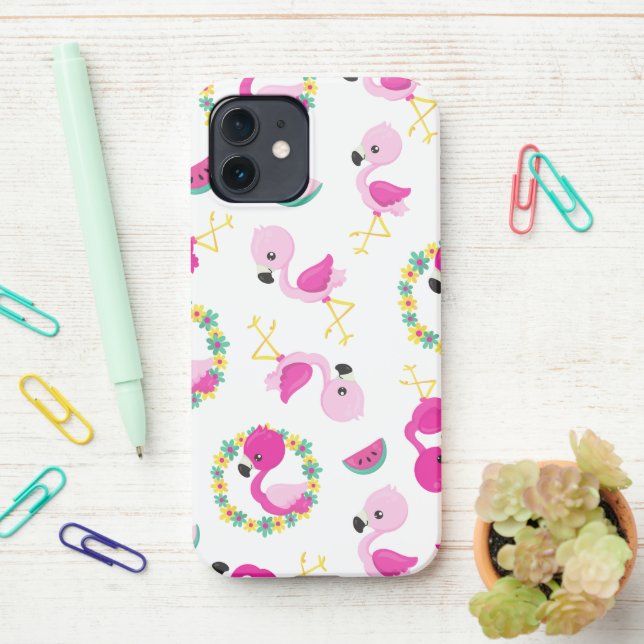 Tropical Pattern, Flamingos, Watermelons, Flowers iPhone Case (On Desk)