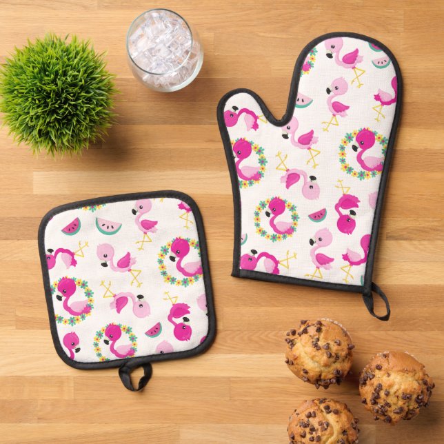 Tropical Pattern, Flamingos, Watermelons, Flowers Oven Mitt & Pot Holder Set (Top Down)