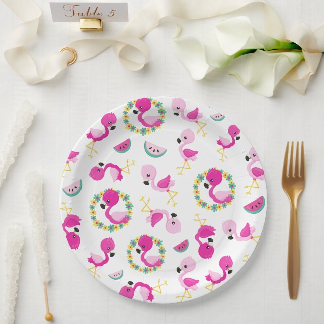 Tropical Pattern, Flamingos, Watermelons, Flowers Paper Plate (Wedding)