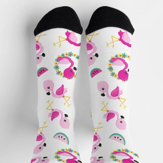Tropical Pattern, Flamingos, Watermelons, Flowers Socks (Top)