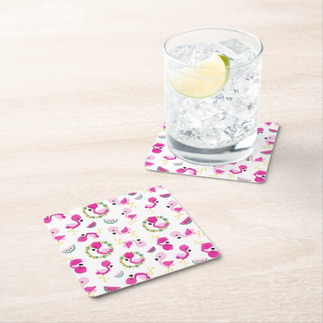 Tropical Pattern, Flamingos, Watermelons, Flowers Square Paper Coaster (Insitu)