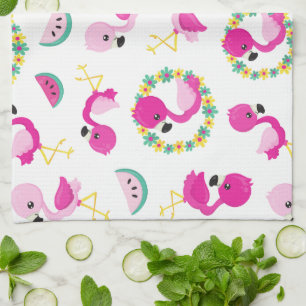 Tropical Pattern, Flamingos, Watermelons, Flowers Tea Towel