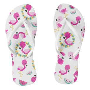 Tropical Pattern, Flamingos, Watermelons, Flowers Thongs