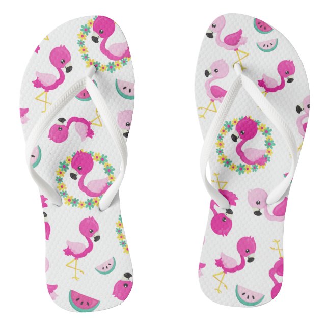 Tropical Pattern, Flamingos, Watermelons, Flowers Thongs (Footbed)