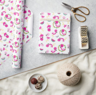Tropical Pattern, Flamingos, Watermelons, Flowers Wrapping Paper