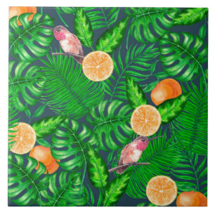 Tropical pattern, hummingbirds ceramic tile