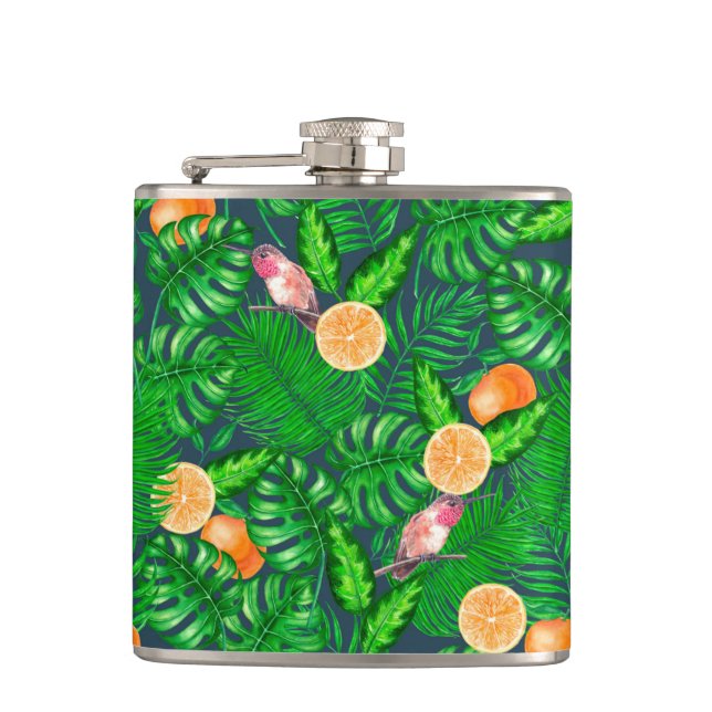 Tropical pattern, hummingbirds hip flask (Front)