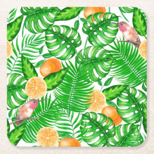 Tropical pattern, hummingbirds II Square Paper Coaster