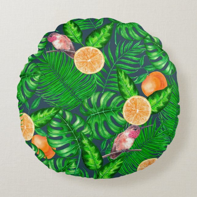 Tropical pattern, hummingbirds round cushion (Front)