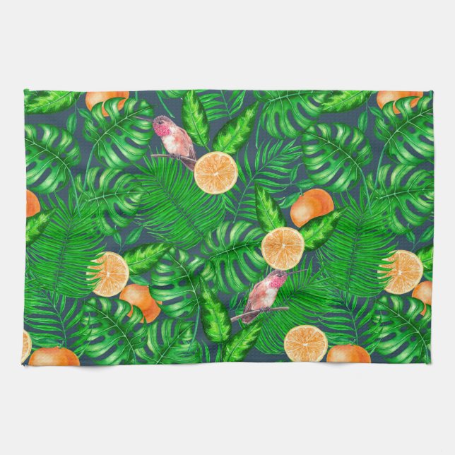 Tropical pattern, hummingbirds tea towel (Horizontal)