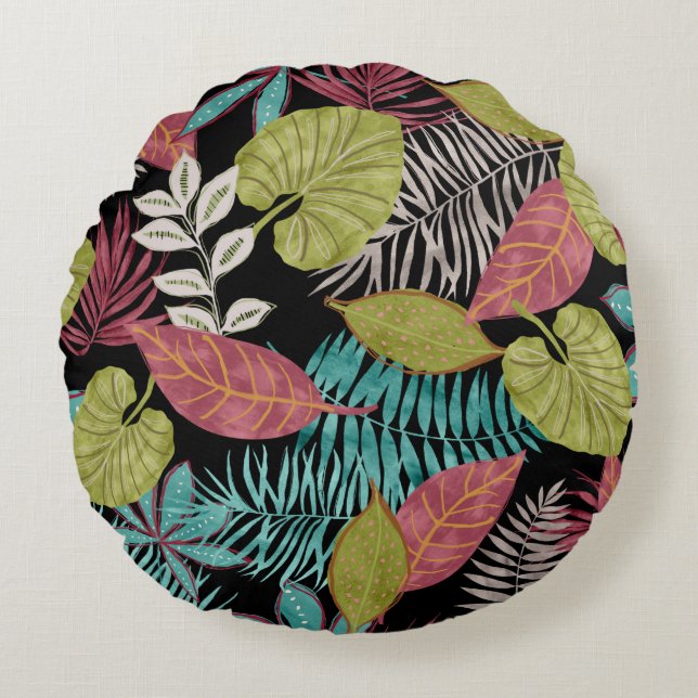 Tropical pattern made with dark background and lea round cushion (Front)