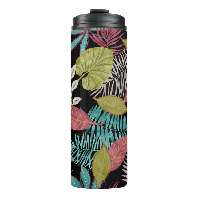 Tropical pattern made with dark background and lea thermal tumbler (Front)
