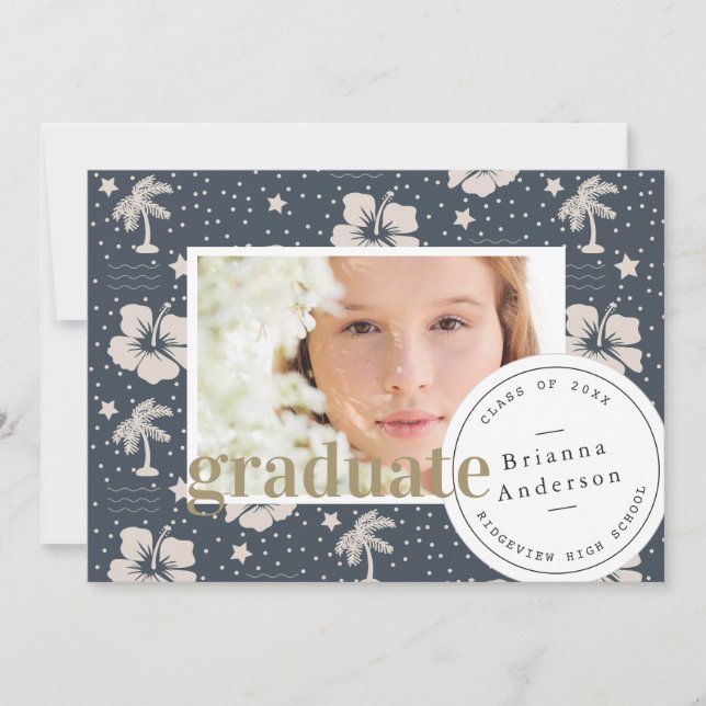 Tropical Pattern Navy Blue Luau Photo Graduation Invitation (Front)