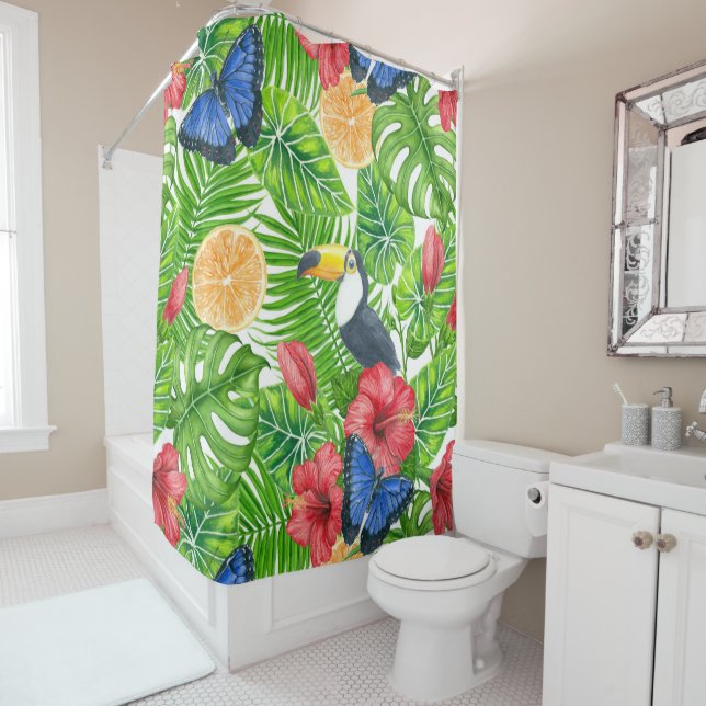 Tropical pattern shower curtain (In Situ)
