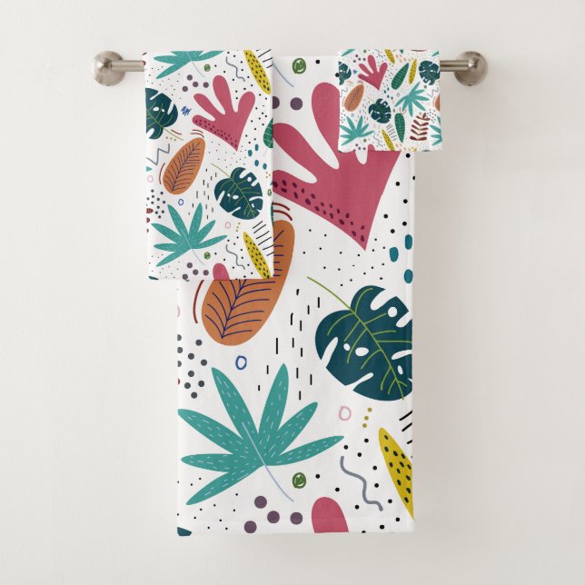 tropical pattern with colourful leaves bath towel set (Insitu)
