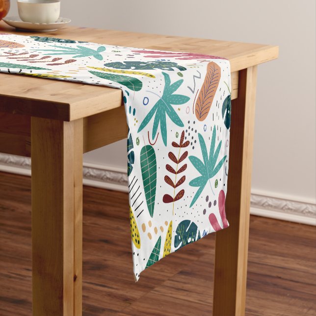 tropical pattern with colourful leaves short table runner (In Situ)