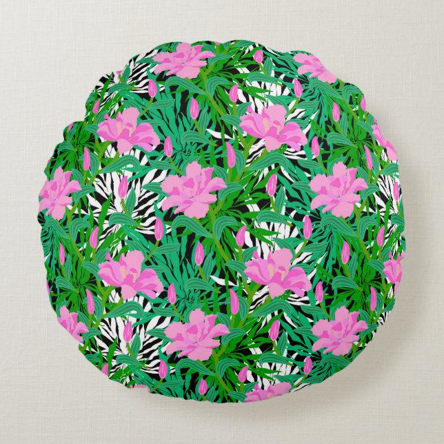 Tropical Pattern With Jungle Flowers Round Cushion (Front)