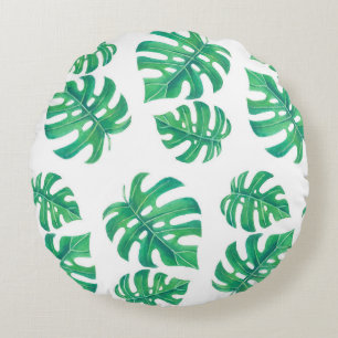 Tropical pattern with monstera leaves round cushion
