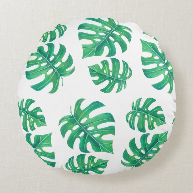 Tropical pattern with monstera leaves round cushion (Front)