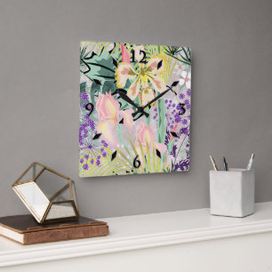 Tropical pattern with orchids. square wall clock