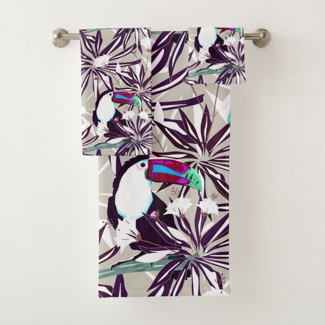 Tropical pattern with palm trees and birds. bath towel set (Insitu)
