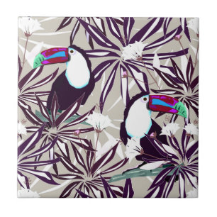 Tropical pattern with palm trees and birds. ceramic tile