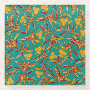 Tropical Pattern with Red and Yellow Leaves Glass Coaster