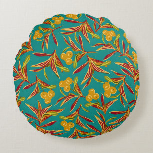 Tropical Pattern with Red and Yellow Leaves Round Cushion